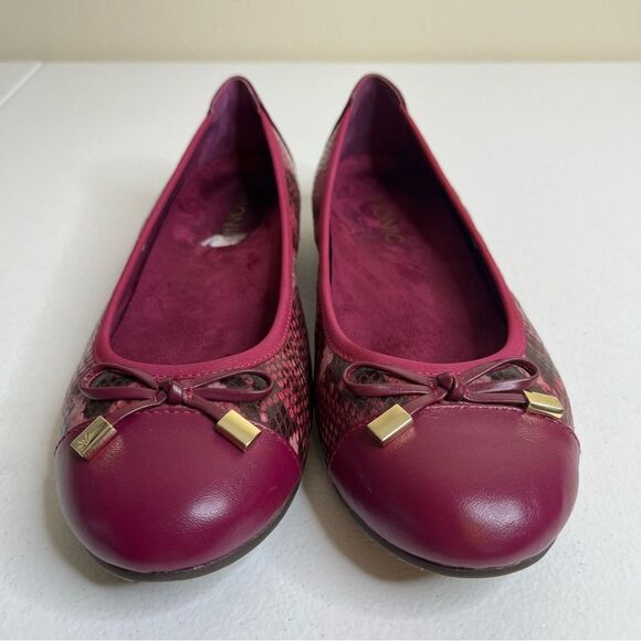 Vionic Minna Purple Leather Cap Toe Bow Snakeskin Ballet Flats Slip On Women 7 - Picture 2 of 14